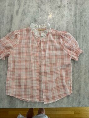 Pink Plaid Lace-Collar Button-Down Blouse
